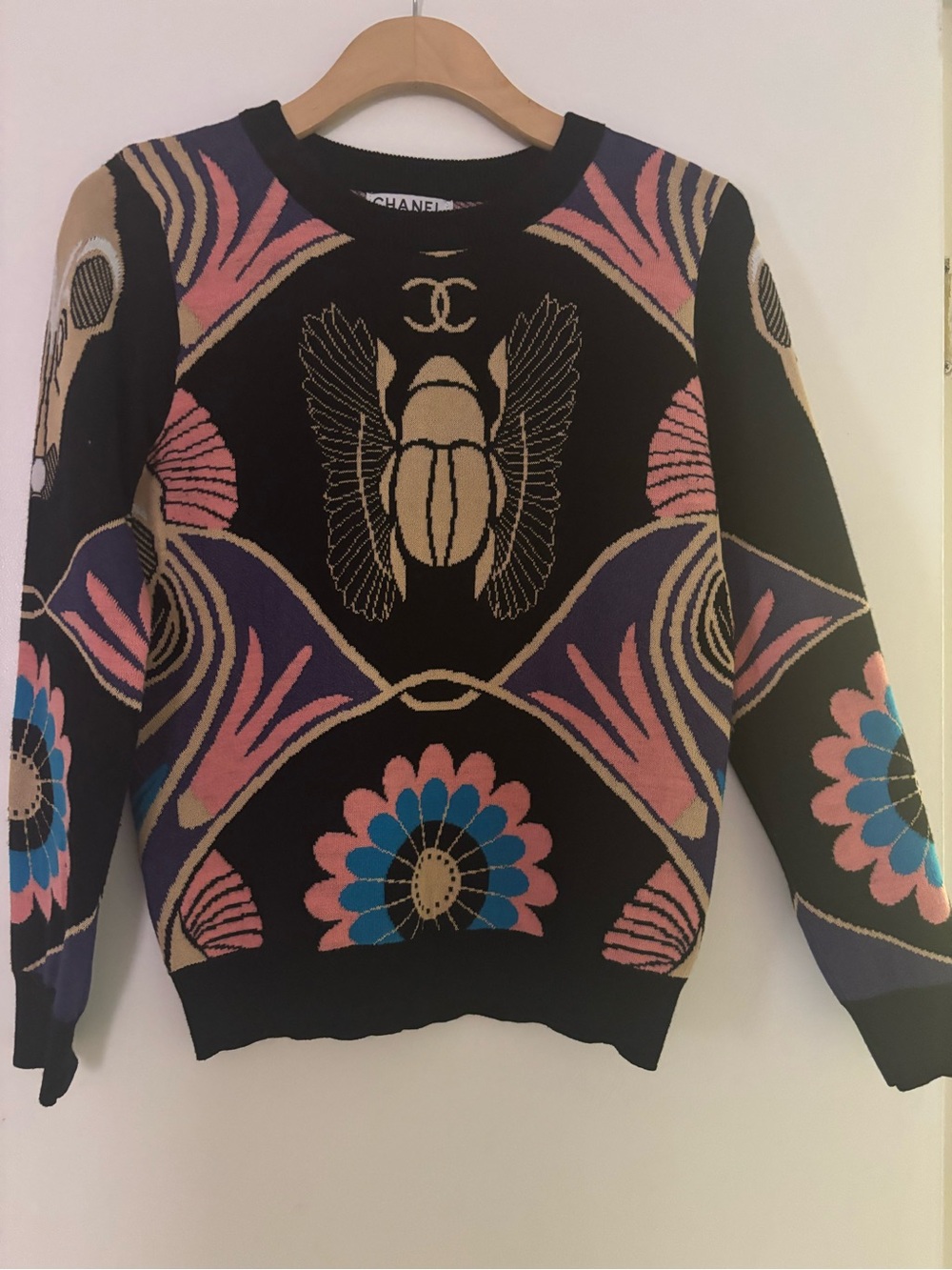 CHANEL Black Multicolor Crewneck Sweater with Scarab & Floral Motifs